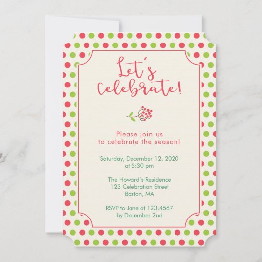 赤いおよび緑の水玉模様の休日のパーティ 招待状 (正面)