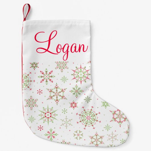 赤いおよび緑の雪片 スモールクリスマスストッキング (正面)