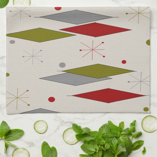 赤いおよび緑世紀半ばのモダンなダイヤモンド キッチンタオル (折り畳み)