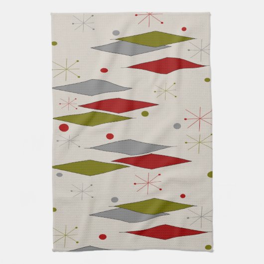 赤いおよび緑世紀半ばのモダンなダイヤモンド キッチンタオル (縦)