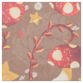 赤いお洒落キノコと黄色い星の茶色 ファブリック (クローズアップ)