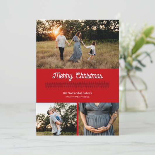 赤いお洒落クリスマスセーターがフォトカードにマーク 招待状 (スタンド正面)