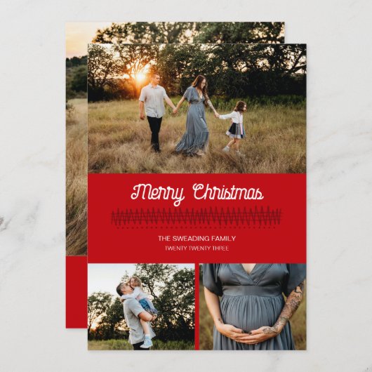 赤いお洒落クリスマスセーターがフォトカードにマーク 招待状 (正面/裏面)
