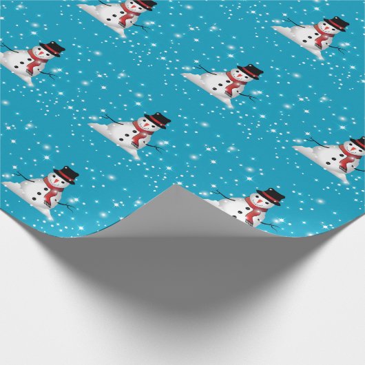 赤いお洒落スカーフを青に付けた笑顔の雪だるま ラッピングペーパー (角)
