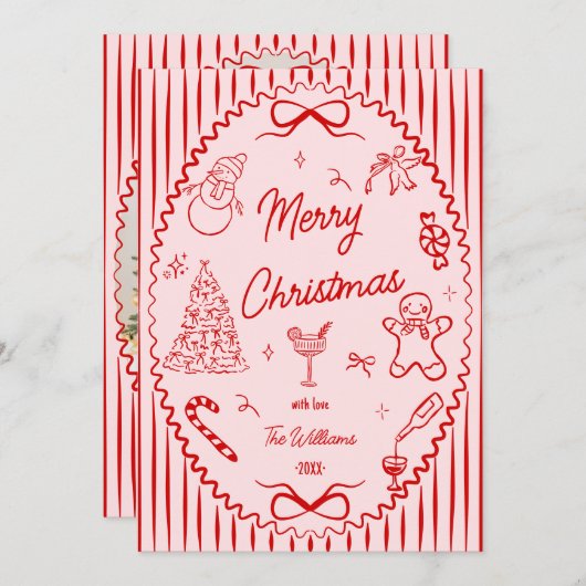 赤いお洒落ピンク色の手で描かれたクリスマスの写真 シーズンカード (正面/裏面)