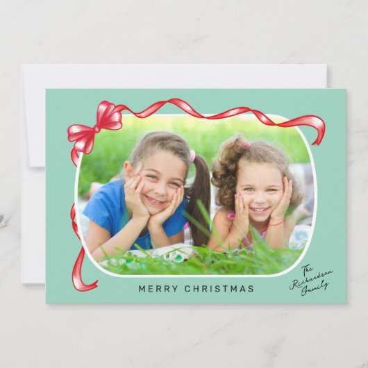 赤いお洒落リボン3枚の写真クリスマス シーズンカード (正面)