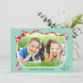 赤いお洒落リボン3枚の写真クリスマス シーズンカード (スタンド正面)