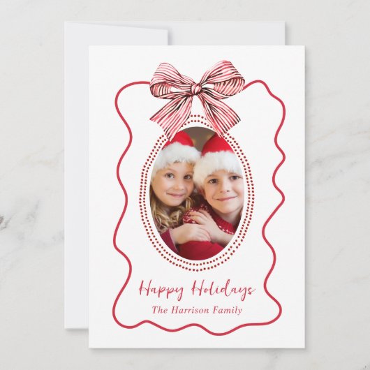 赤いお洒落波状フレームボーフォトクリスマス シーズンカード (正面)