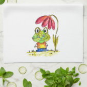 赤いお洒落花の下のかわいい緑のカエル キッチンタオル (折り畳み)