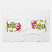 赤いお洒落花の下のかわいい緑のカエル キッチンタオル (横)