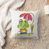 赤いお洒落花の下のかわいい緑のカエル クッション (ブランケット)