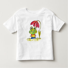 赤いお洒落花の下のかわいい緑のカエル トドラーTシャツ