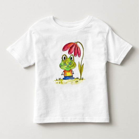 赤いお洒落花の下のかわいい緑のカエル トドラーTシャツ (正面)