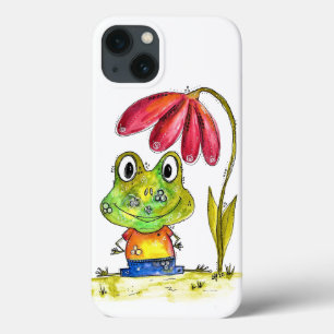 赤いお洒落花をかぶったかわいい緑のカエル iPhone 13ケース