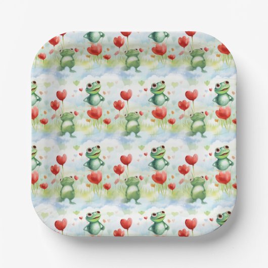 赤いお洒落風船の可愛いカエル ペーパープレート (正面)