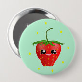 赤いかわいいのイチゴの実が青 缶バッジ (正面&裏面)