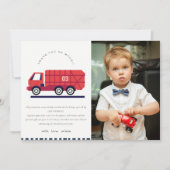 赤いかわいいゴミ収集車の子供の写真 あらゆる年齢の誕生日 サンキューカード (正面)