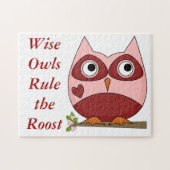 赤いかわいいフクロウおよびピンクの漫画のフクロウの小さいハート ジグソーパズル (横)