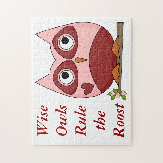 赤いかわいいフクロウおよびピンクの漫画のフクロウの小さいハート ジグソーパズル (縦)