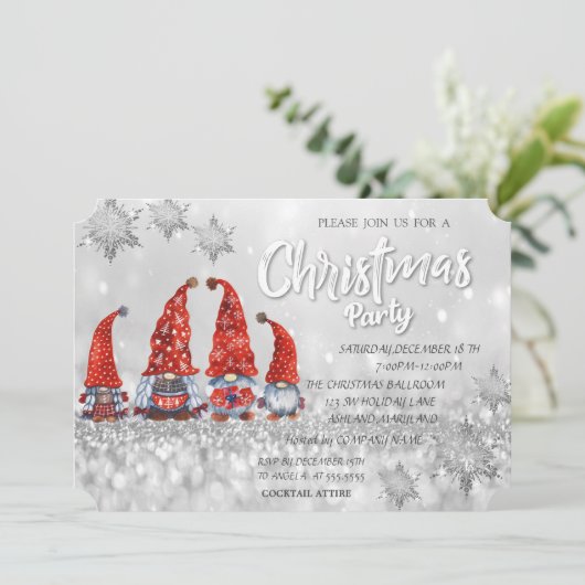 赤いかわいい小人のボケ背景のクリスマスパーティー, 水彩のかわいい小人がぼやけた背景に描かれています 招待状 (スタンド正面)