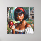 赤いかわいらしりんごを持つ黒人女性 キャンバスプリント (正面)