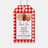 赤いかわいらしギンガム&3グリッターバルーン誕生日 ギフトタグ (正面)
