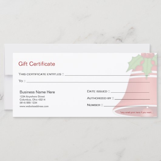 赤いかわいらしクリスマスベルの休日のギフト証明書 (裏面)