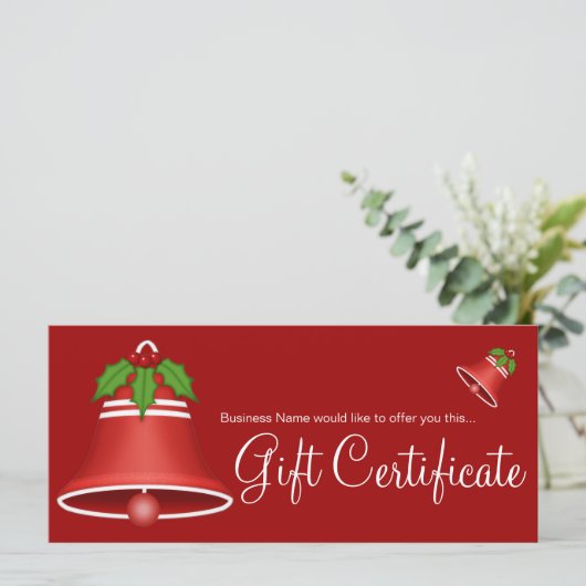 赤いかわいらしクリスマスベルの休日のギフト証明書 (スタンド正面)