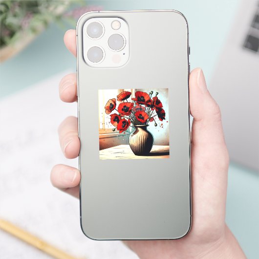 赤いかわいらしケシの花瓶 シール (スマートフォン)