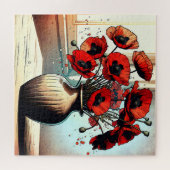 赤いかわいらしケシの花瓶 ジグソーパズル (横)