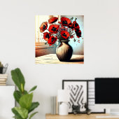 赤いかわいらしケシの花瓶 ポスター (ホームオフィス)
