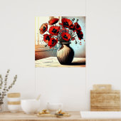 赤いかわいらしケシの花瓶 ポスター (キッチン)