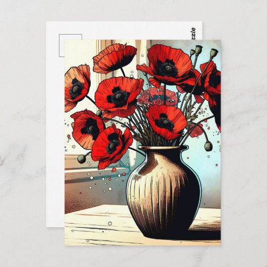 赤いかわいらしケシの花瓶 ポストカード (正面/裏面)