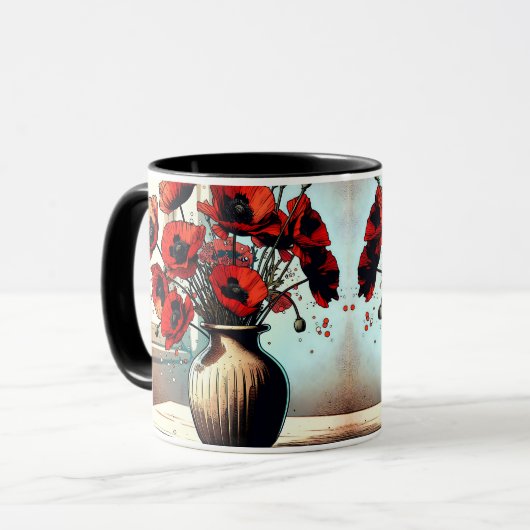 赤いかわいらしケシの花瓶 マグカップ (正面左)