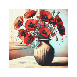 赤いかわいらしケシの花瓶 メタルプリント