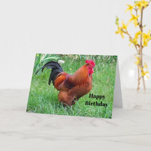 赤いかわいらしチキンのプロフィール写真誕生日 カード (黄色い花)