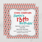 赤いかわいらしティール(緑がかった色)アステカの模様 招待状 (正面/裏面)