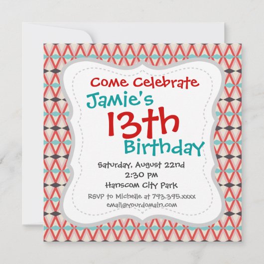 赤いかわいらしティール(緑がかった色)アステカの模様 招待状 (正面)