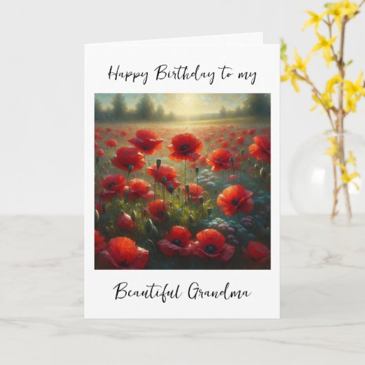 赤いかわいらしポピー畑 |おばあちゃんの誕生日 カード (黄色い花)