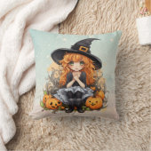 赤いかわいらし巻き毛の青いハロウィーンを持つ魔女 クッション (ブランケット)