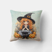 赤いかわいらし巻き毛の青いハロウィーンを持つ魔女 クッション (裏面)