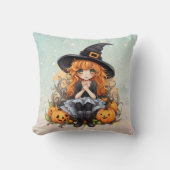 赤いかわいらし巻き毛の青いハロウィーンを持つ魔女 クッション (正面)
