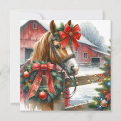 赤いかわいらし弓のクリスマスに茶色の馬 シーズンカード (正面)