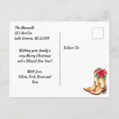 赤いかわいらし弓のクリスマスに茶色の馬 シーズンポストカード (裏面)