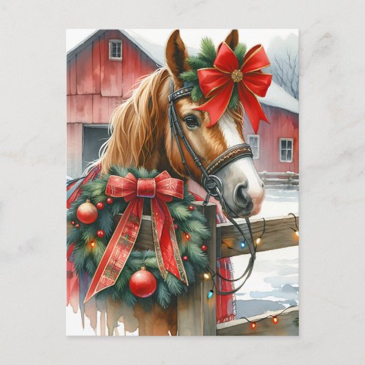 赤いかわいらし弓のクリスマスに茶色の馬 シーズンポストカード (正面)
