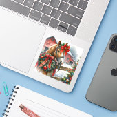 赤いかわいらし弓のクリスマスに茶色の馬 シール (ノートパソコンとiPhone)