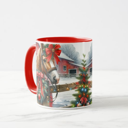 赤いかわいらし弓のクリスマスに茶色の馬 マグカップ (正面左)