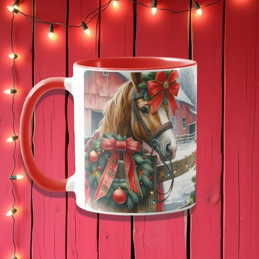 赤いかわいらし弓のクリスマスに茶色の馬 マグカップ