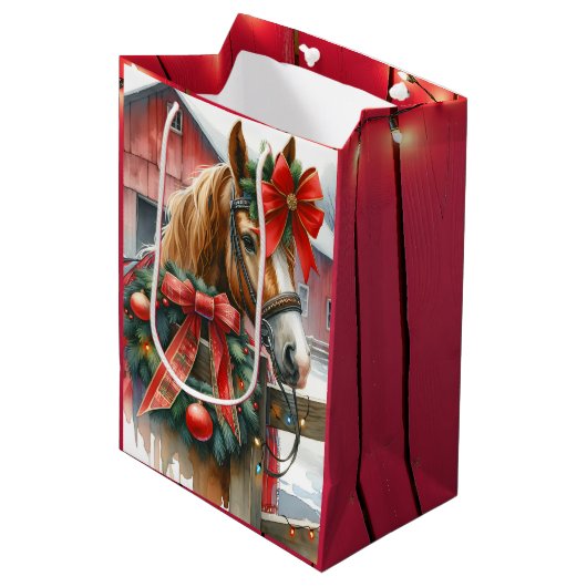 赤いかわいらし弓のクリスマスに茶色の馬 ミディアムペーパーバッグ (正面アングル)