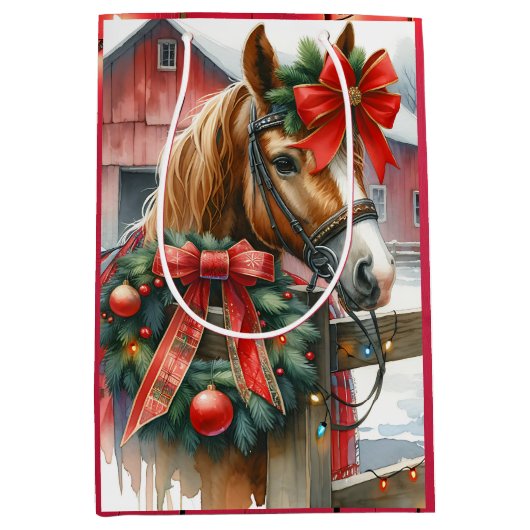 赤いかわいらし弓のクリスマスに茶色の馬 ミディアムペーパーバッグ (正面)